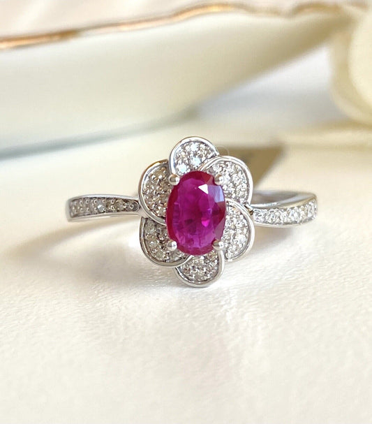 Genuine Ruby & Solid 14k White Gold Swirl Halo Ring, New, Size 7