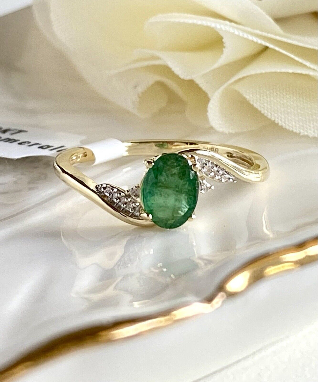 Genuine Emerald and Diamond Solid 10K Yellow Gold Ring, New, Size 7