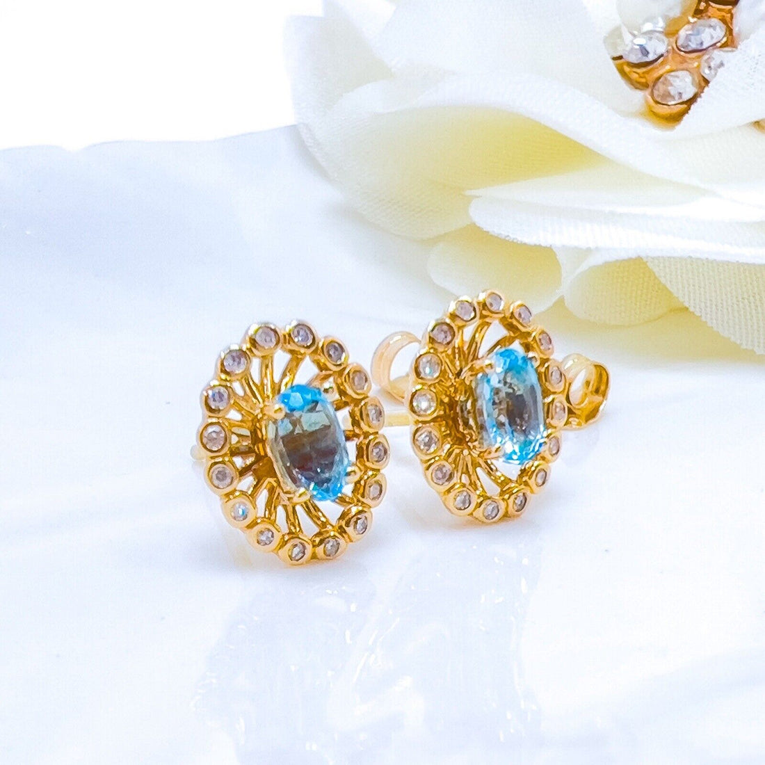 14k Yellow Gold Swiss Blue Topaz & Diamond Halo Oval Stud Earrings, New