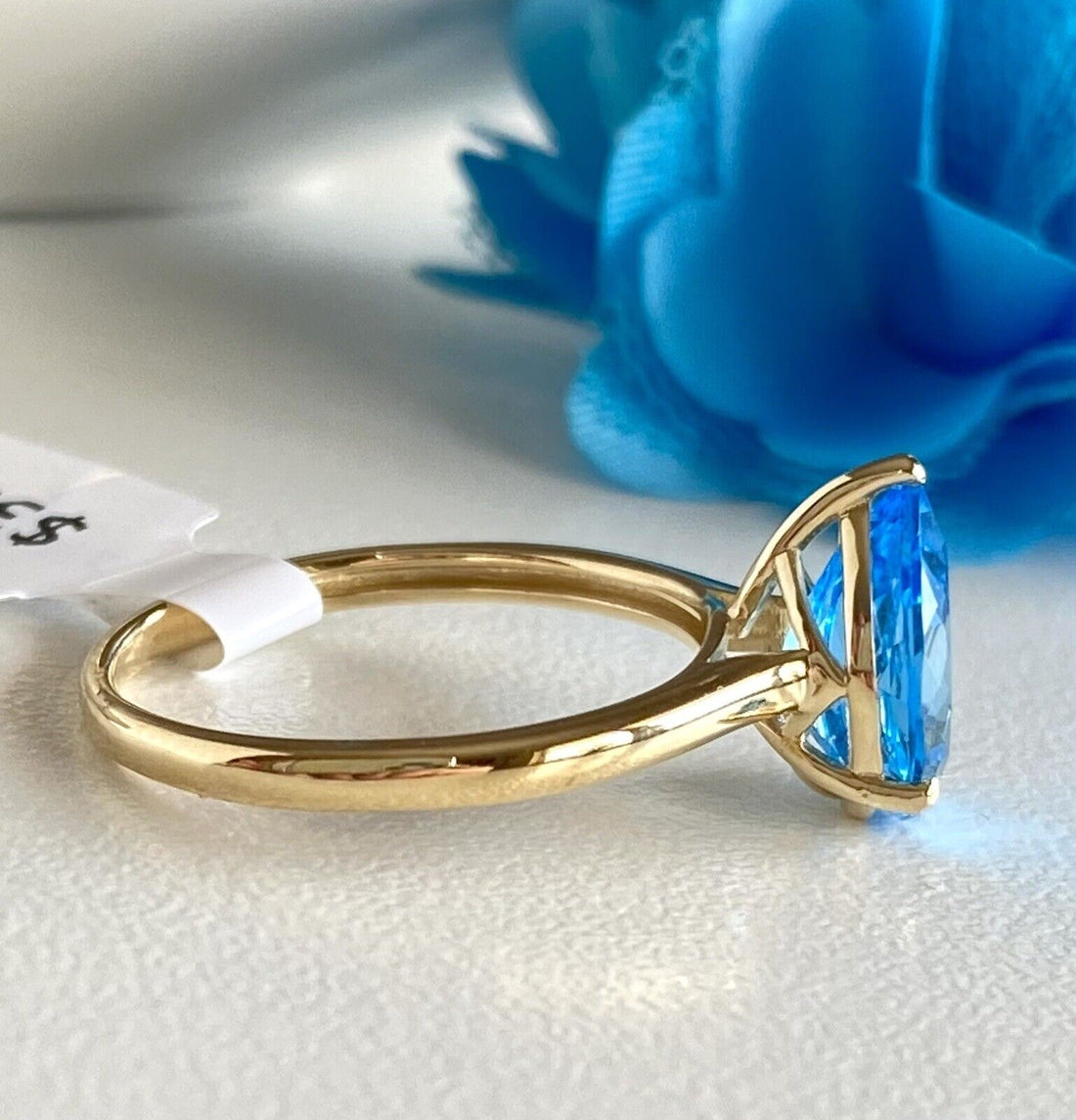 Solid 14K Yellow Gold and Genuine Swiss Blue Topaz Solitaire Ring, New