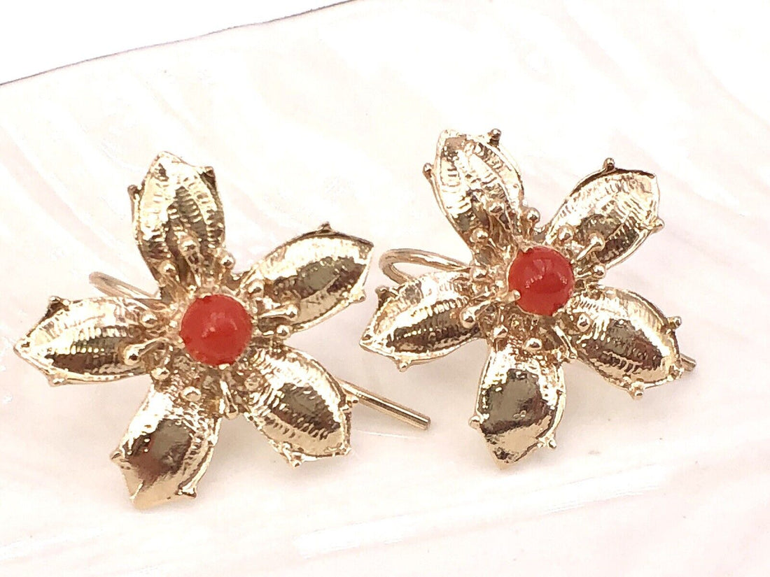 14K Yellow Gold & Mediterranean Red Coral 5 Petal Flower Hook Earrings, New