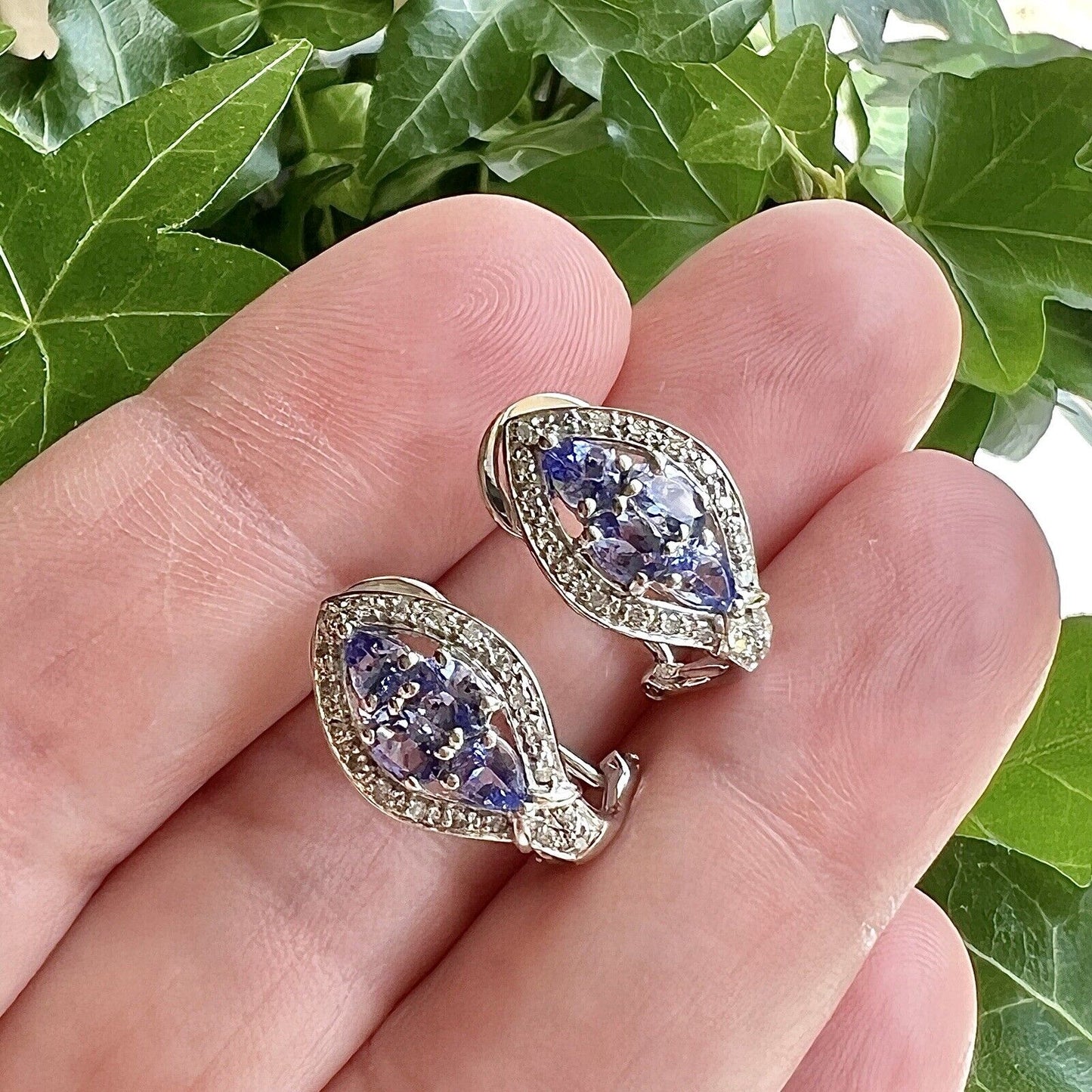 Solid 14k White Gold Genuine Tanzanite & Diamond Post/Omega Clip Earrings, New