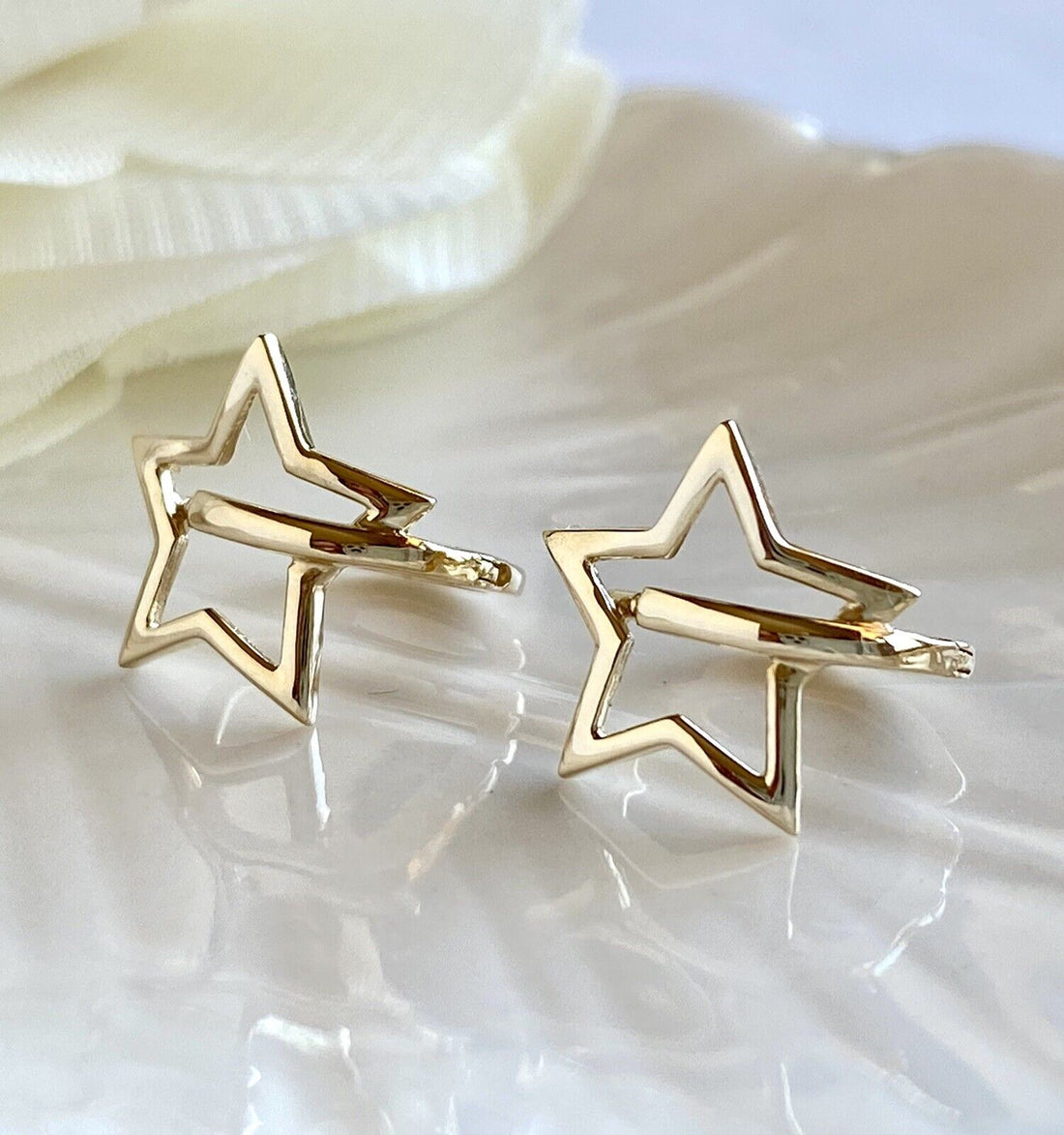 Solid 14k Yellow Gold 5 Point Star Hoop Earrings, New