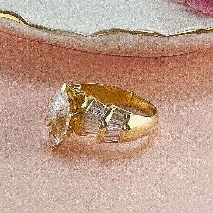 Solid 14k Yellow Gold Cubic Zirconia Cocktail Ring, Vintage Stock, Size 6.5