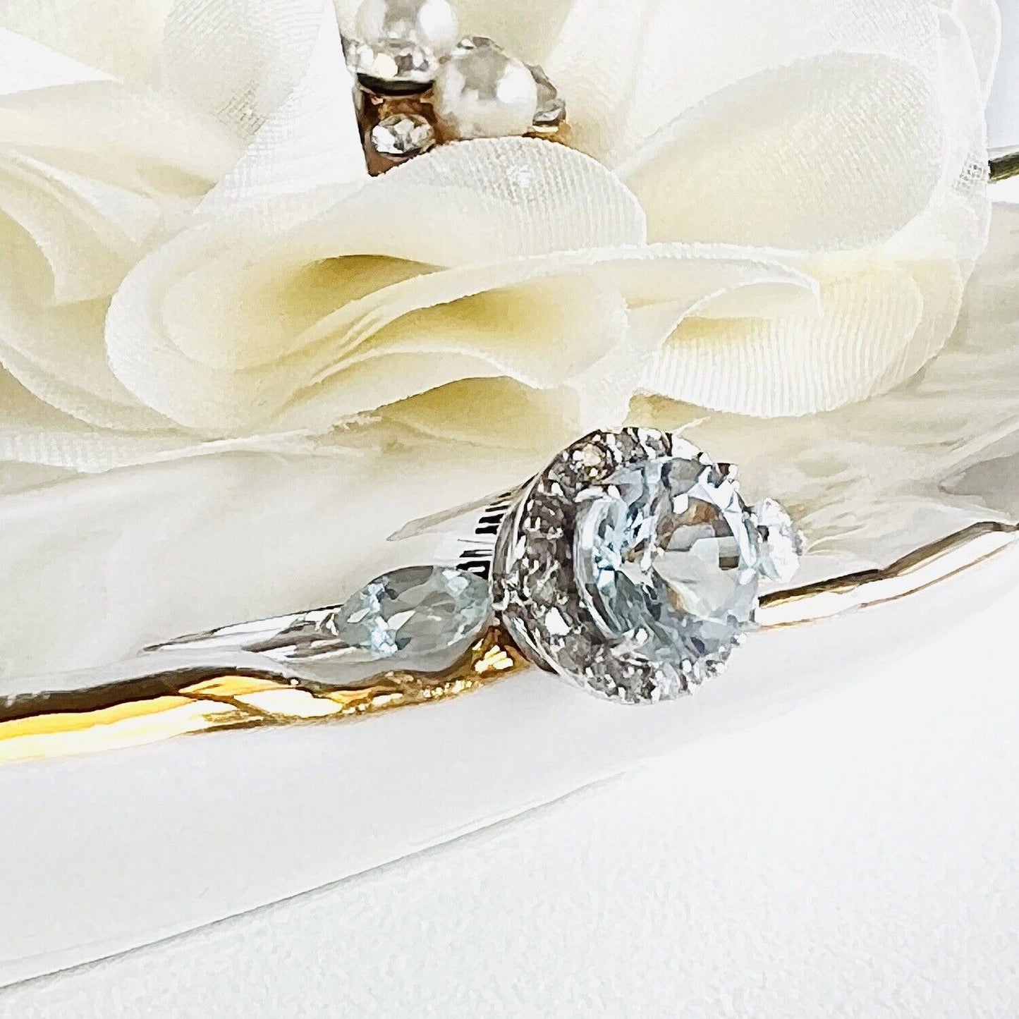 Solid 14k White Gold Genuine Aquamarine & Diamond Halo Ring, New, Size 8