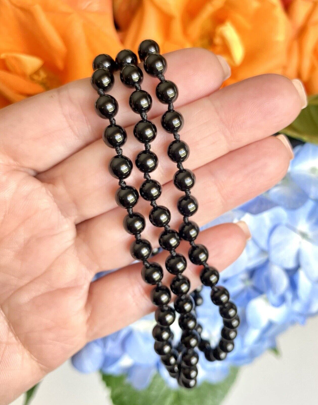 Genuine 6mm Black Onyx Endless Beaded Necklace, New 30"