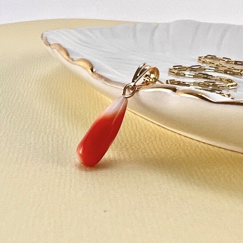 Solid 14k Yellow Gold Japanese Coral Drop Pendant, New