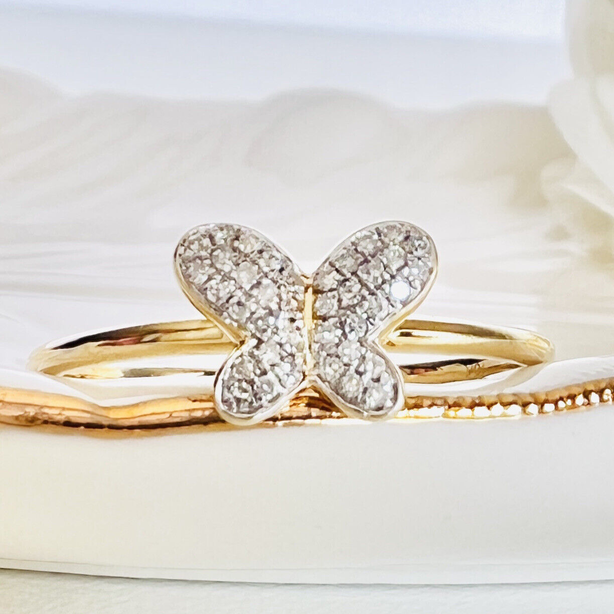 Solid 10k Yellow Gold Genuine Diamond Pave Butterfly Ring, Size 7