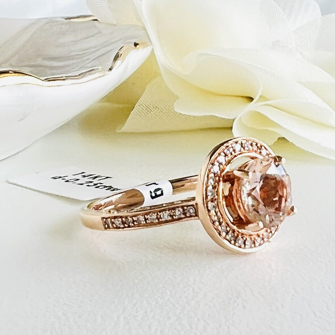 Genuine Morganite & Diamond Halo Solid 14k Rose Gold Ring, New Size 7