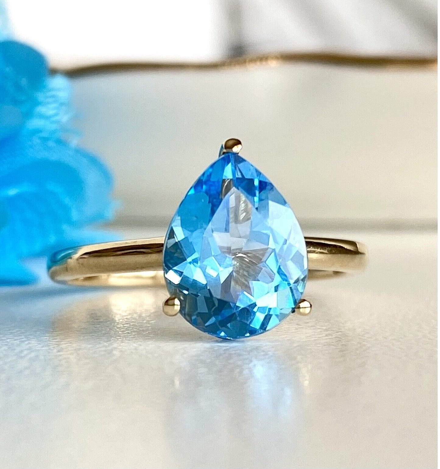 Solid 14K Yellow Gold and Genuine Swiss Blue Topaz Solitaire Ring, New