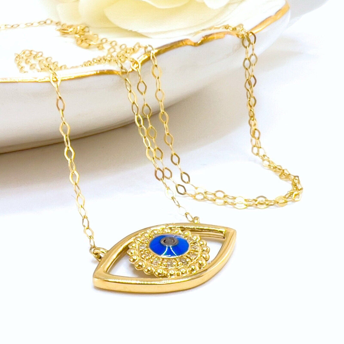 14k Yellow Gold Genuine  Diamond & Enamel Eye Protection Pendant Necklace, 17.5"