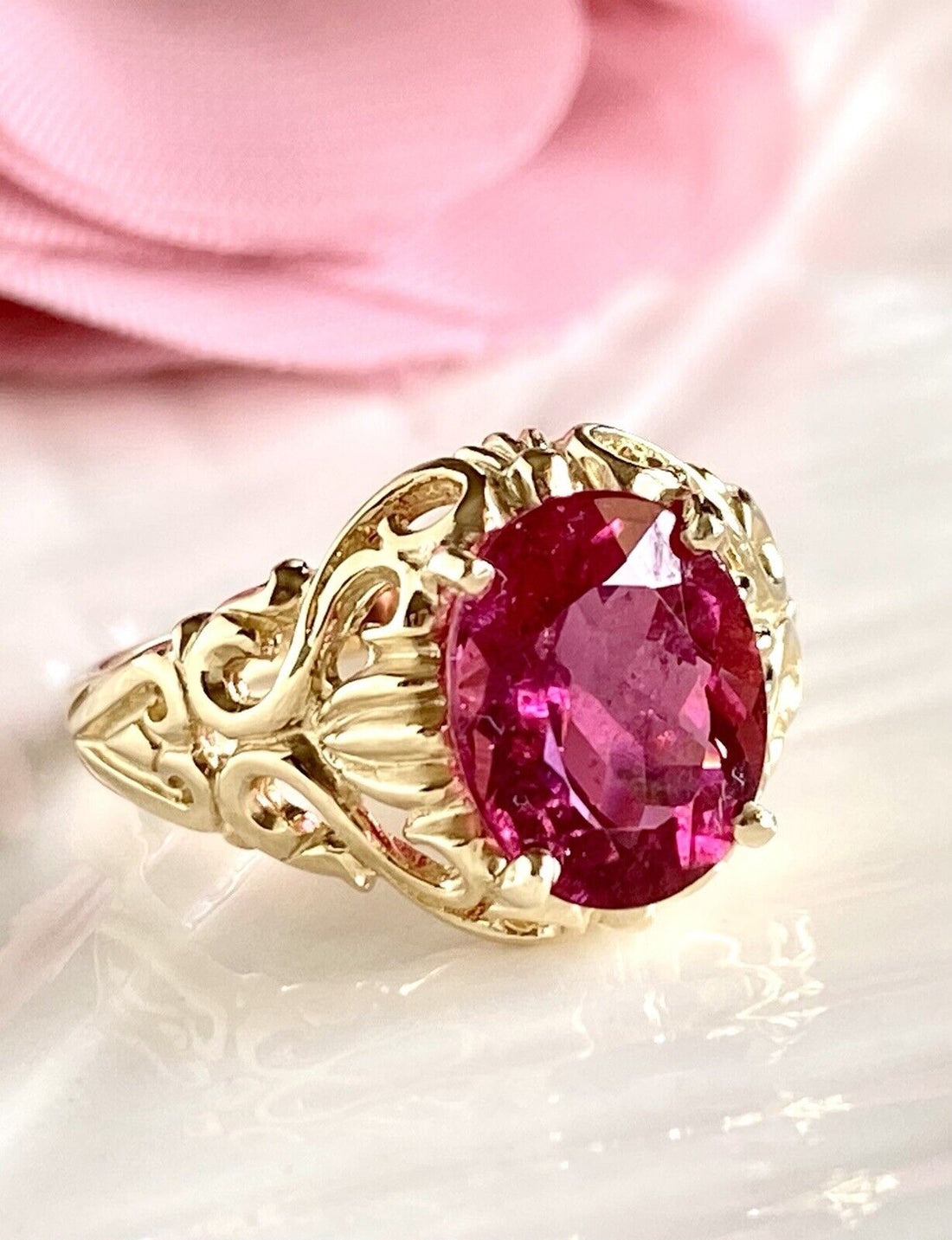 Genuine Pink Tourmaline & Solid 14k Yellow Gold Ring, New, Sz. 5.25