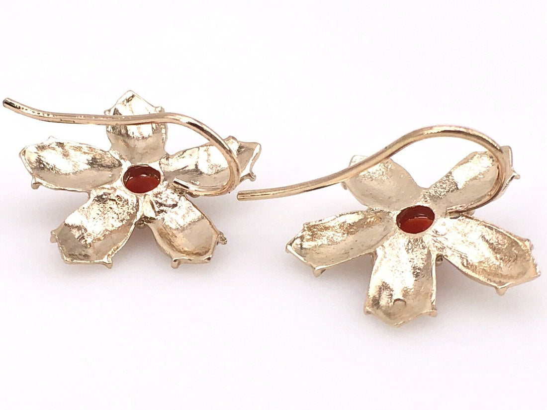 14K Yellow Gold & Mediterranean Red Coral 5 Petal Flower Hook Earrings, New