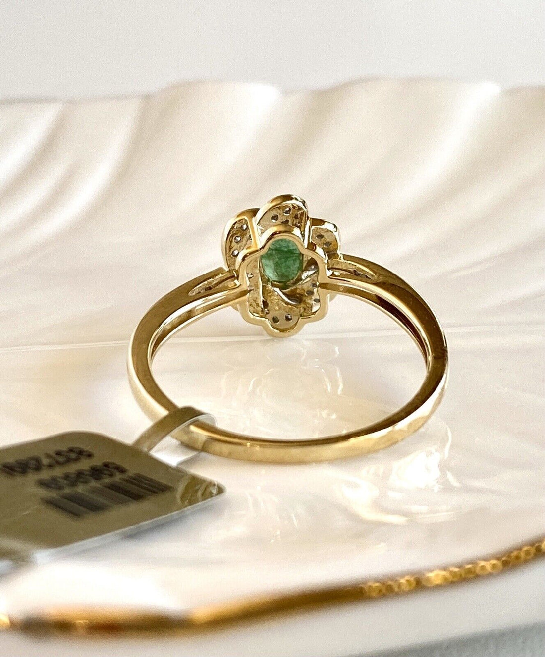 Genuine Emerald & Solid 14k Yellow Gold Swirl Halo Ring, New, Size 7