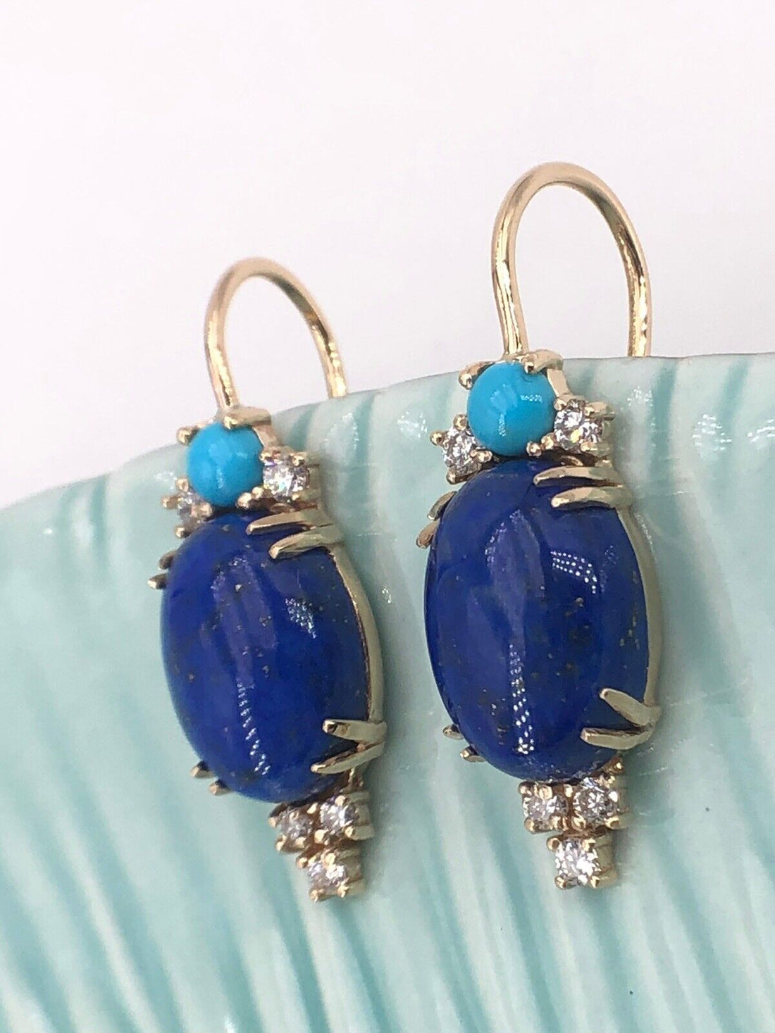 Genuine 14k Gold, Natural Lapis Lazuli, Turquoise & Diamond Dangle Earrings, New