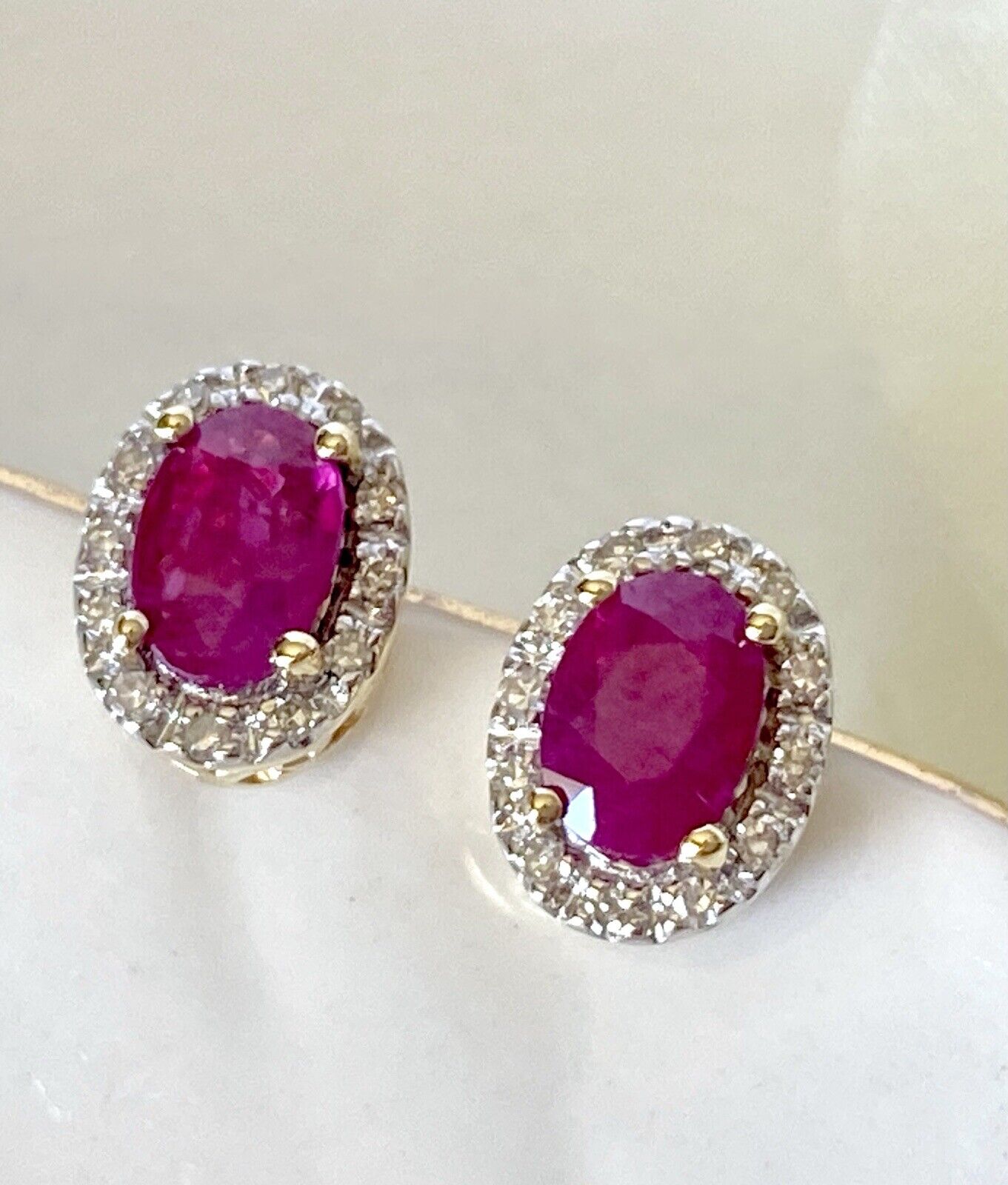 Genuine Ruby & Diamond Halo Solid 14k Yellow Gold Stud Earrings, New