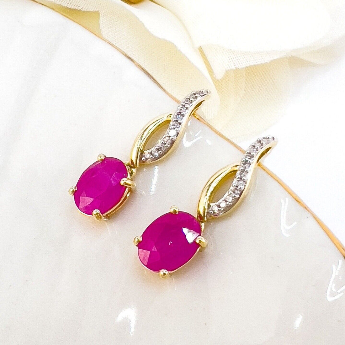 Solid 10k Yellow Gold Genuine Ruby & Diamond Dangle/Drop Earrings, New