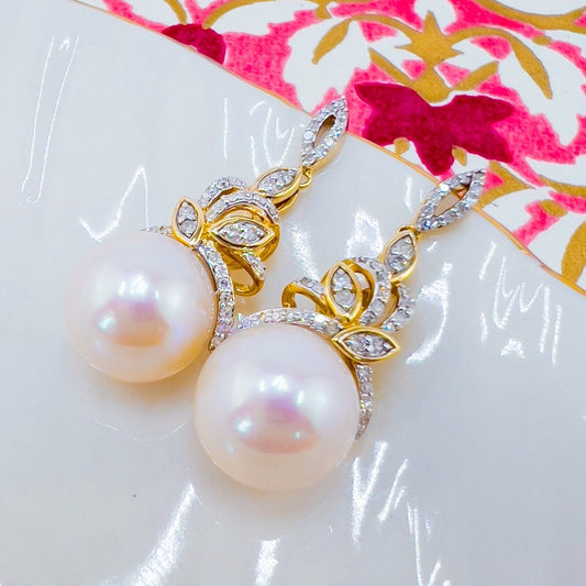 Genuine White Pearl (11.25mm) & Diamond 14k Yellow Gold Dangle Earrings, New