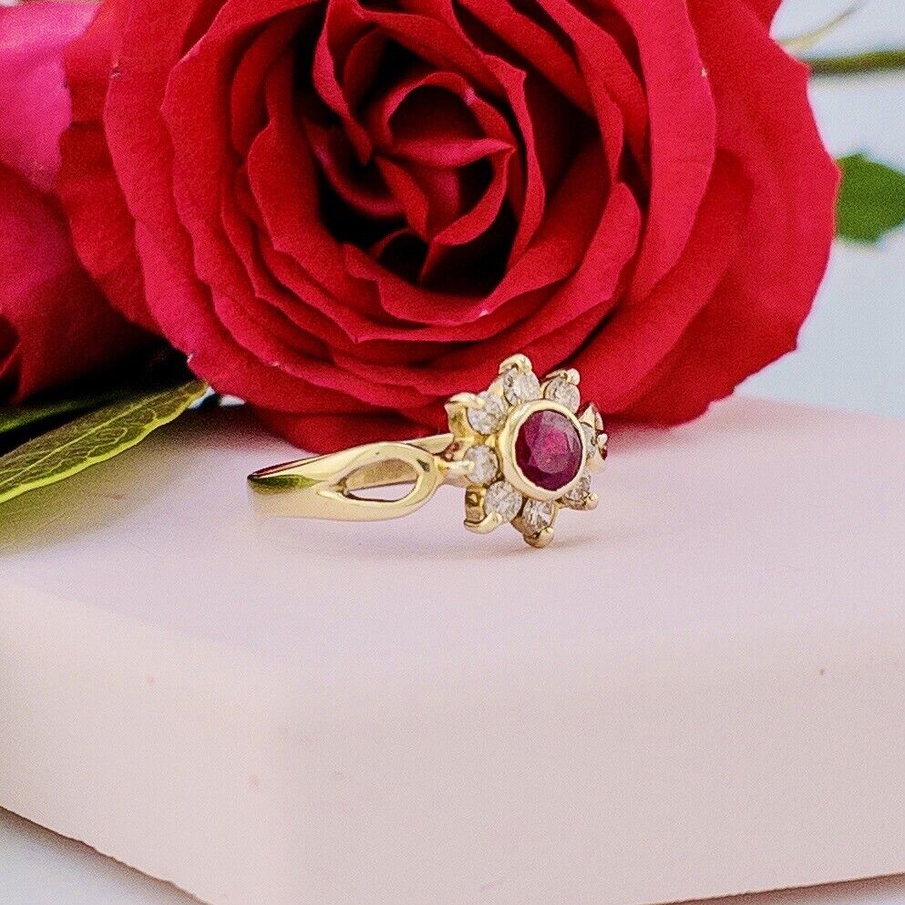 Solid 14k Yellow Gold Genuine Ruby & Diamond Rosette Ring, New Size 8