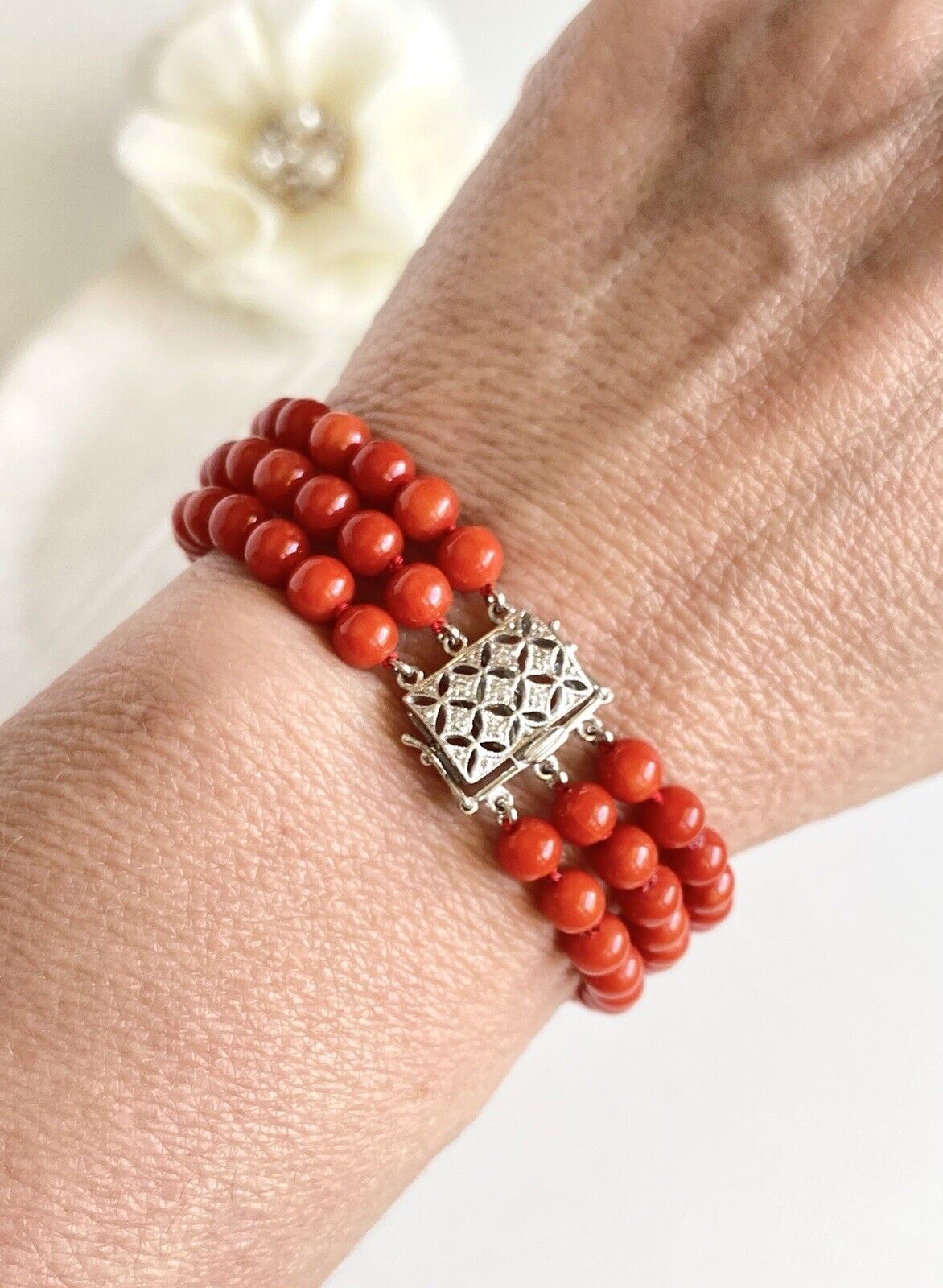 Natural Mediterranean Red Coral 14K White Gold & Diamonds Bracelet, 7"
