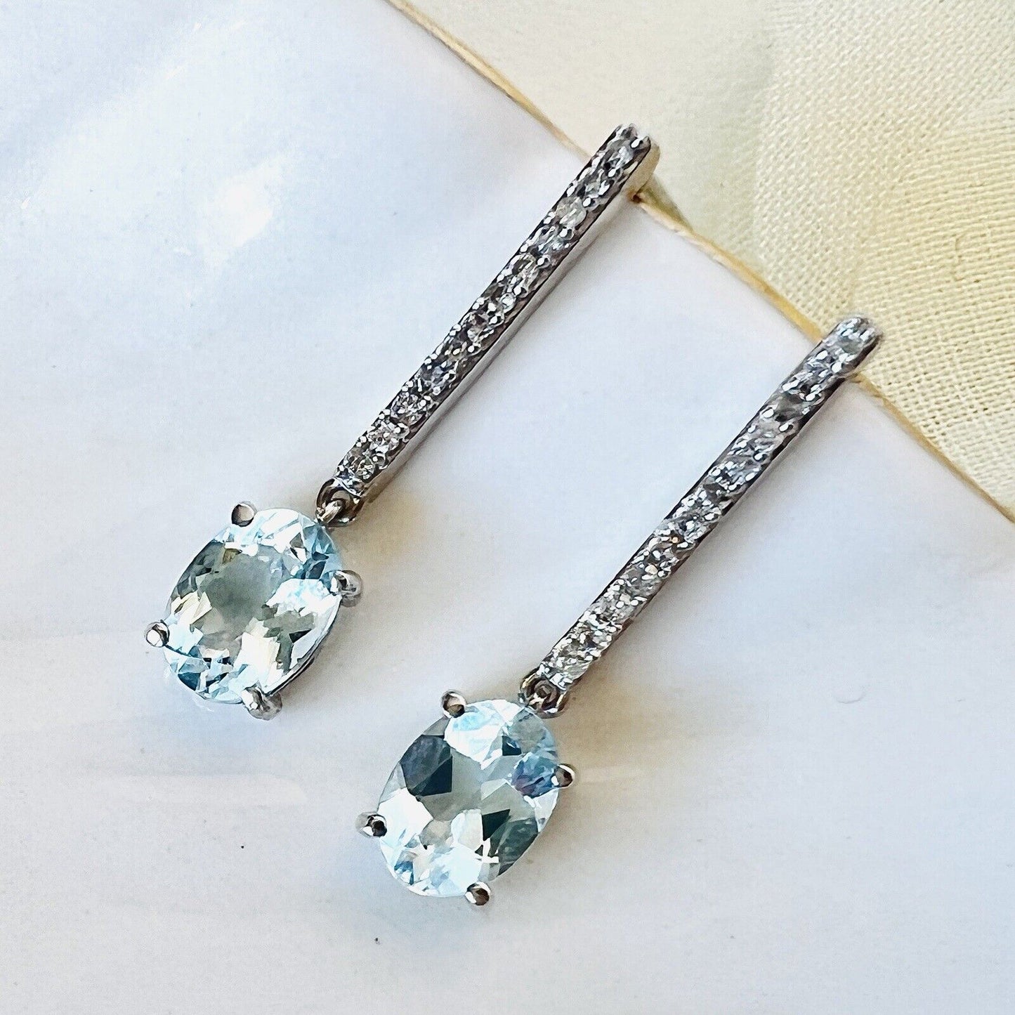 Solid 10k White Gold Genuine Aquamarine & Diamond Dangle/Drop Earrings, New
