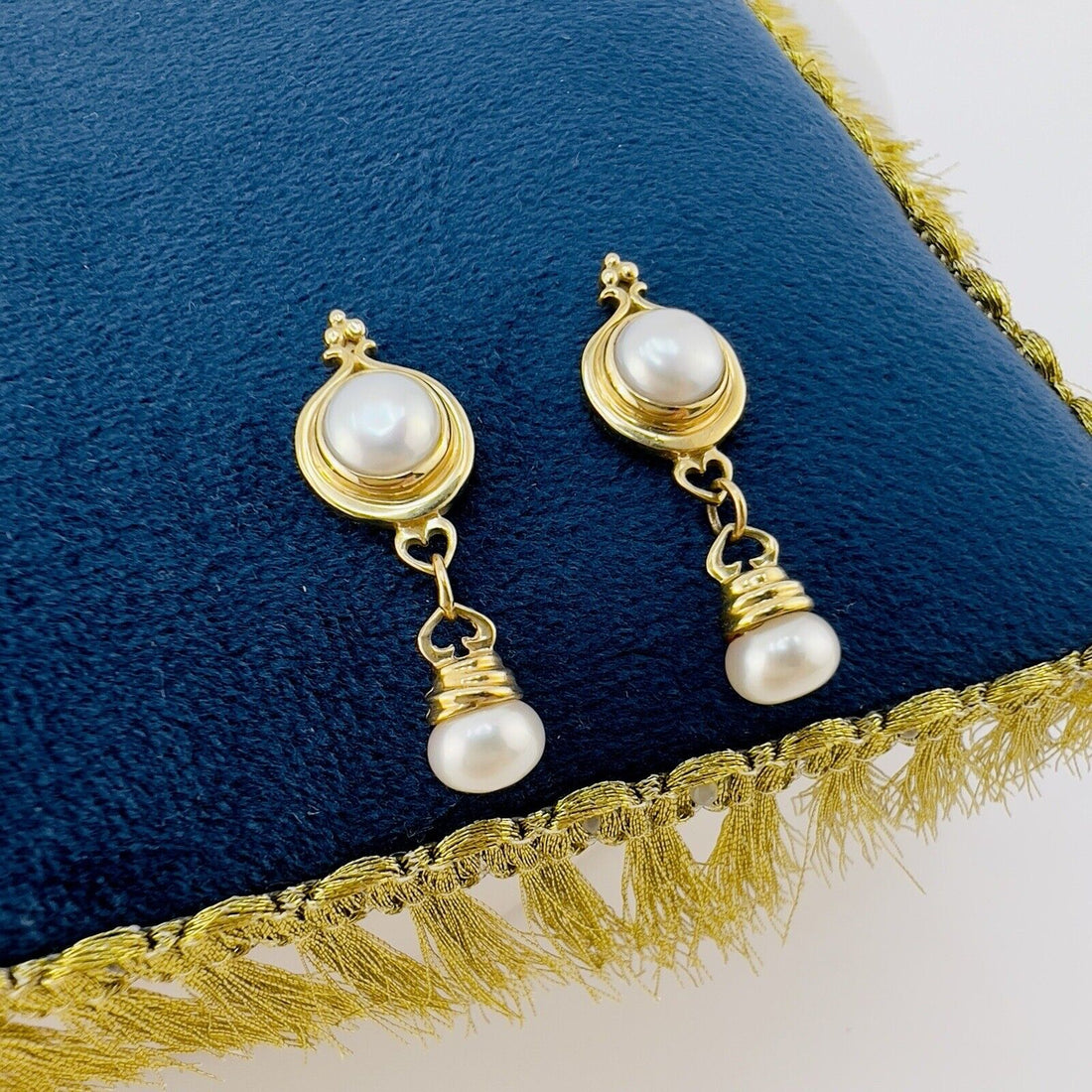 Solid 14k Yellow Gold Genuine Pearl Dangle/Drop Earrings, New 1.14”