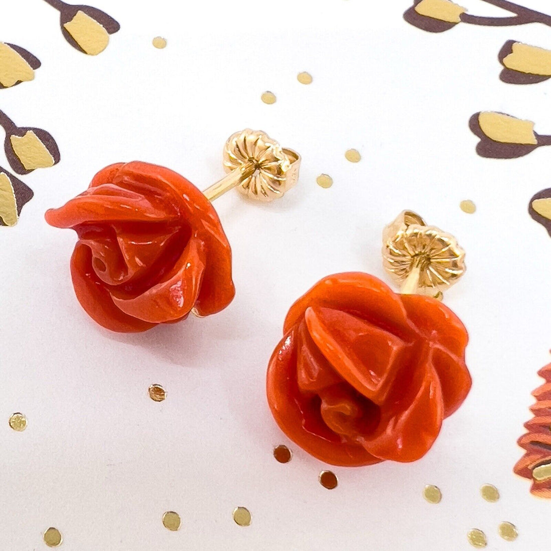 14k Yellow Gold Genuine Italian Red Coral Roses Stud Earrings, Newly Handcrafted