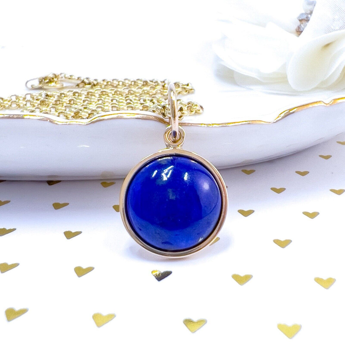 Natural Lapis Lazuli 14k Yellow Gold Round Pendant, Unisex, Handcrafted