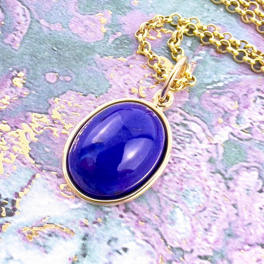 Natural Lapis Lazuli 14k Yellow Gold Oval Pendant, Unisex, Handcrafted