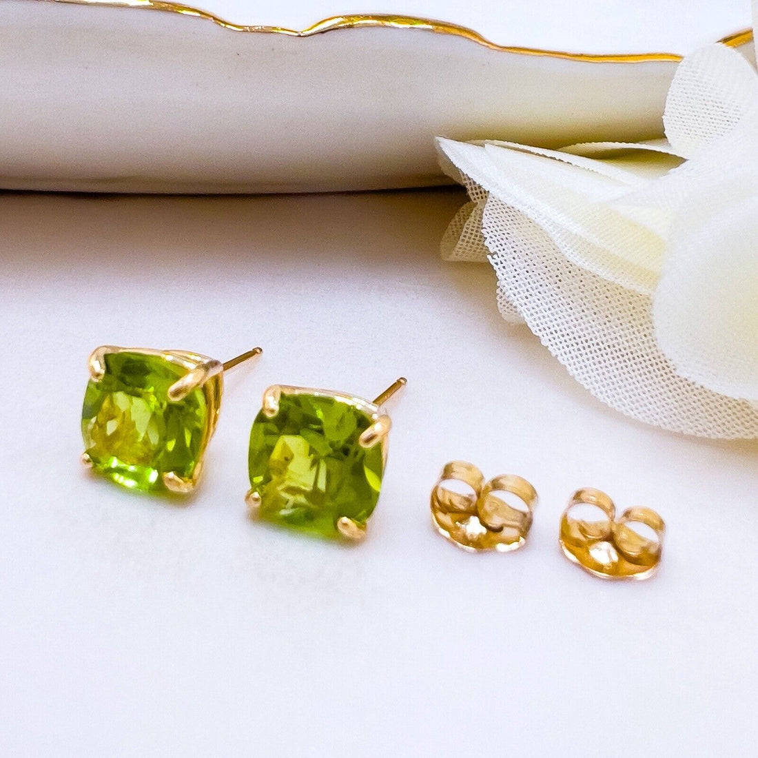 Solid 10k Yellow Gold Genuine Peridot 6mm Stud Earrings, New