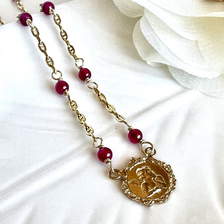 Solid 14k Yellow Gold and Lab Created Ruby (5.6ctw) Angel Necklace, New, 17.25"