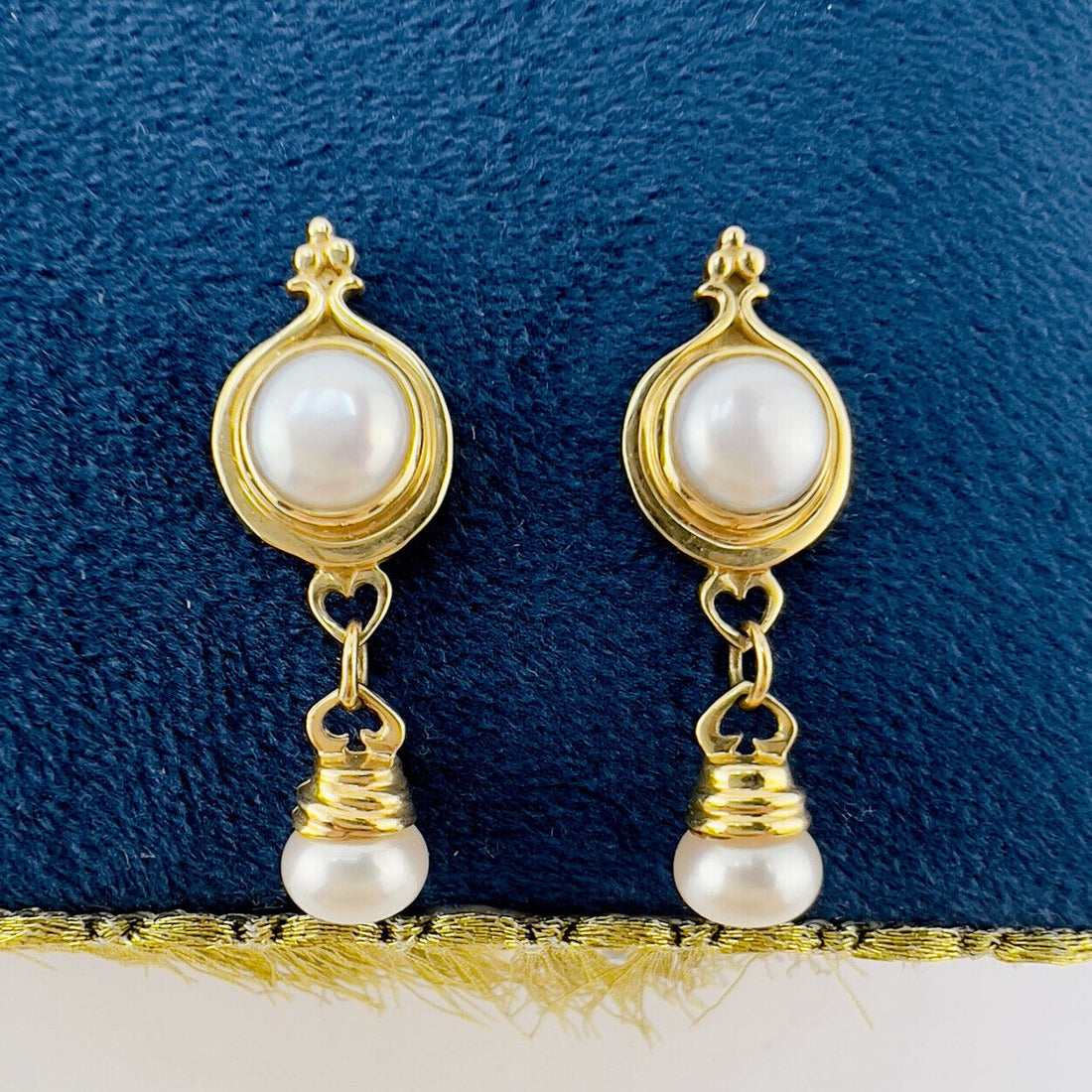 Solid 14k Yellow Gold Genuine Pearl Dangle/Drop Earrings, New 1.14”