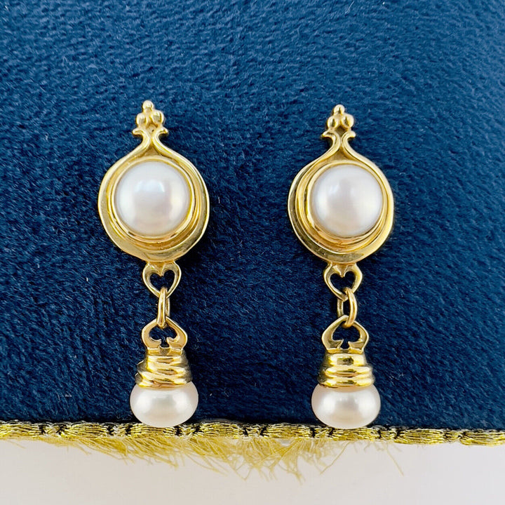 Solid 14k Yellow Gold Genuine Pearl Dangle/Drop Earrings, New 1.14”