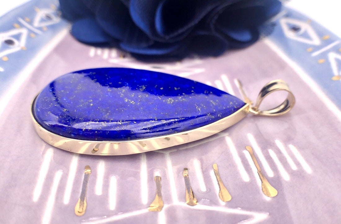 Gorgeous Solid 14K Gold & Genuine Lapis Lazuli (30ct) Large Drop Pendant, New