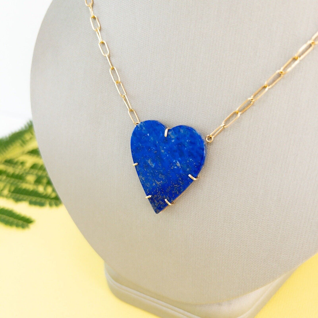 14k Yellow Gold Natural Lapis Lazuli Heart Pendant Paperclip Necklace 17.75"