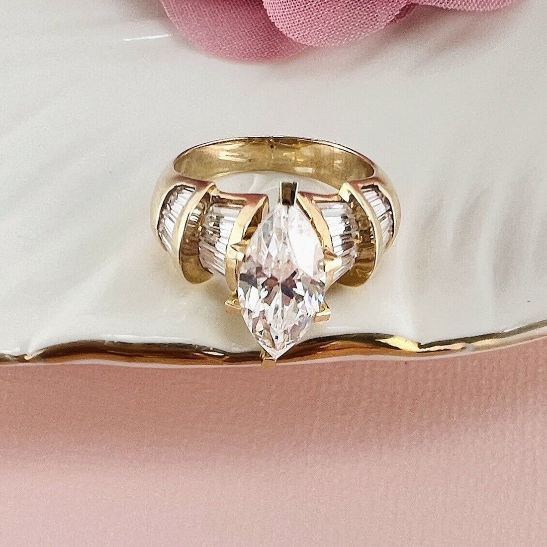 Solid 14k Yellow Gold Cubic Zirconia Cocktail Ring, Vintage Stock, Size 6.5