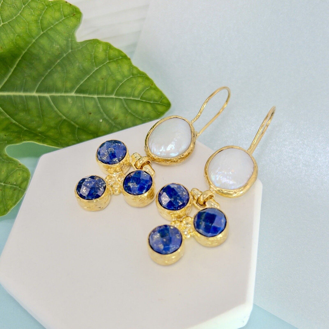 Natural Lapis Lazuli & Coin Pearl Gold Plated Dangle/Drop Earring, New 2"