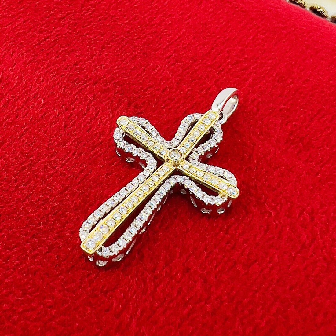 Solid 14k Two-Tone Gold & Genuine Diamond Cross Pendant, New 1.2”