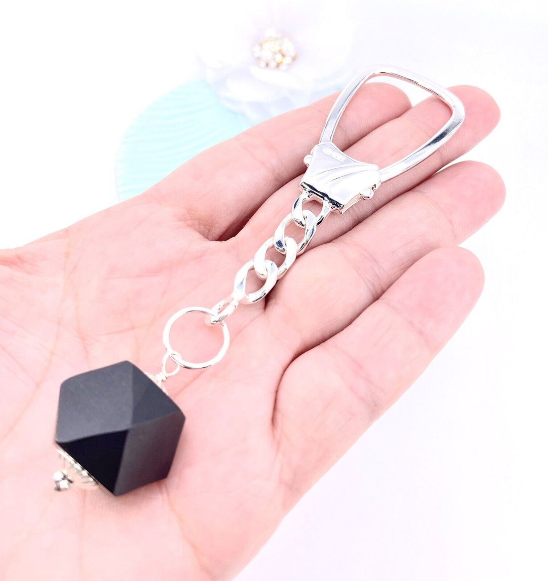 Sterling Silver & Genuine Azabache (16mm Black Jet) KeyChain, 4.5", New