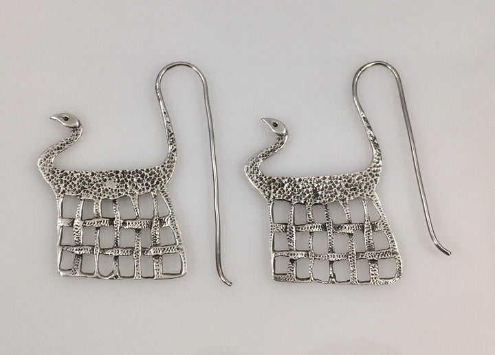 Unusual Egyptian Style Sterling Silver Bird Basket Dangle Earrings, New