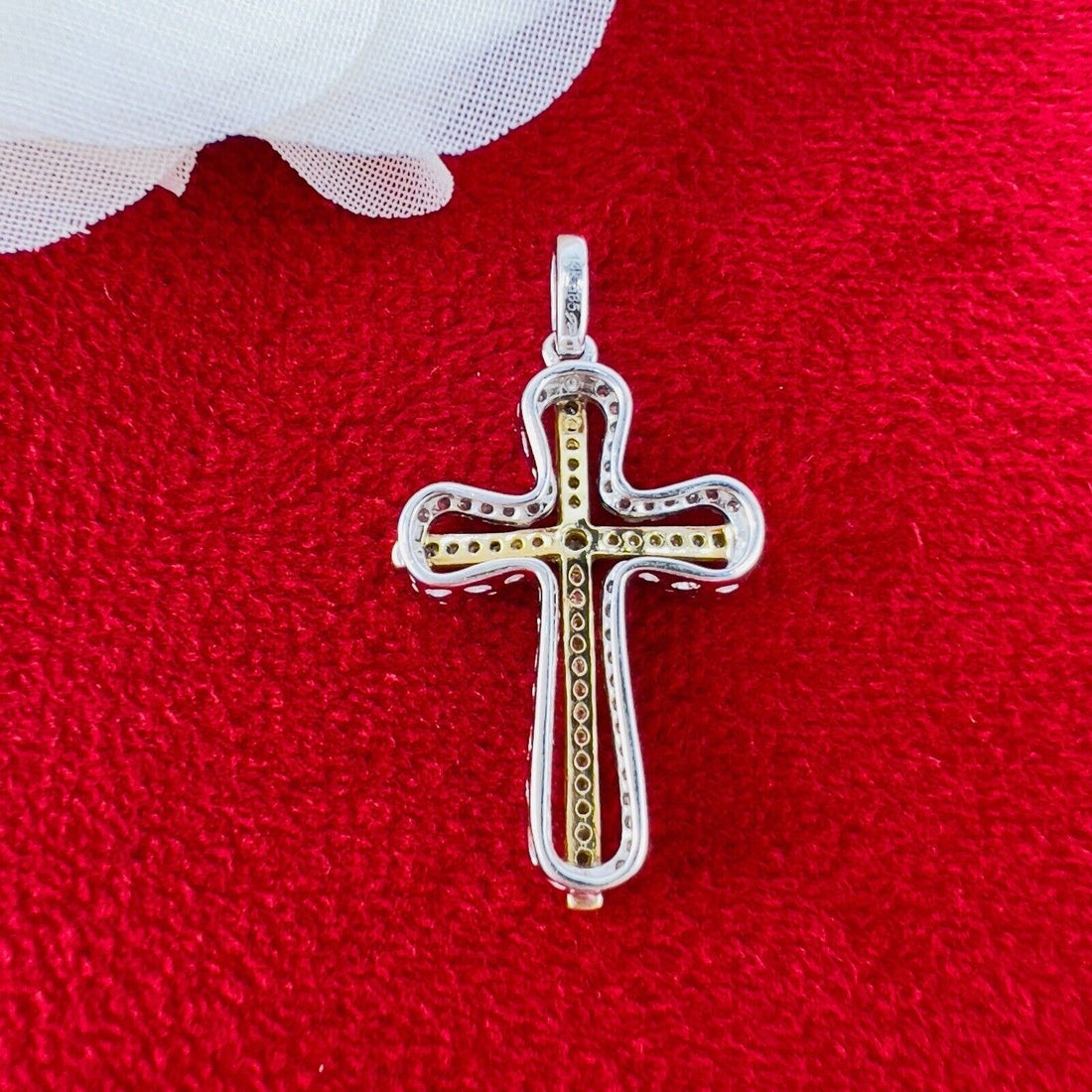 Solid 14k Two-Tone Gold & Genuine Diamond Cross Pendant, New 1.2”