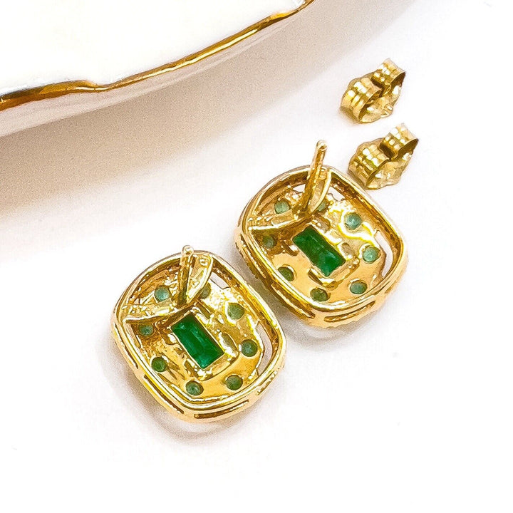 14k Yellow Gold Genuine Emerald & Diamond Stud Earrings, New