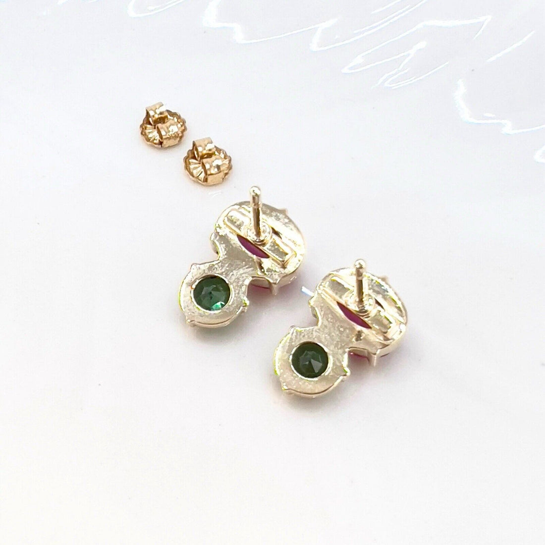 Handcrafted 14k Yellow Gold Genuine Pink & Green Tourmaline Stud Earrings, New