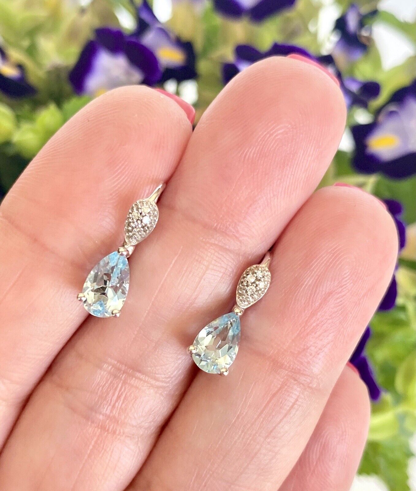 Genuine Sky Blue Topaz & Diamond 10k White Gold Dangle Leverback Earrings, New