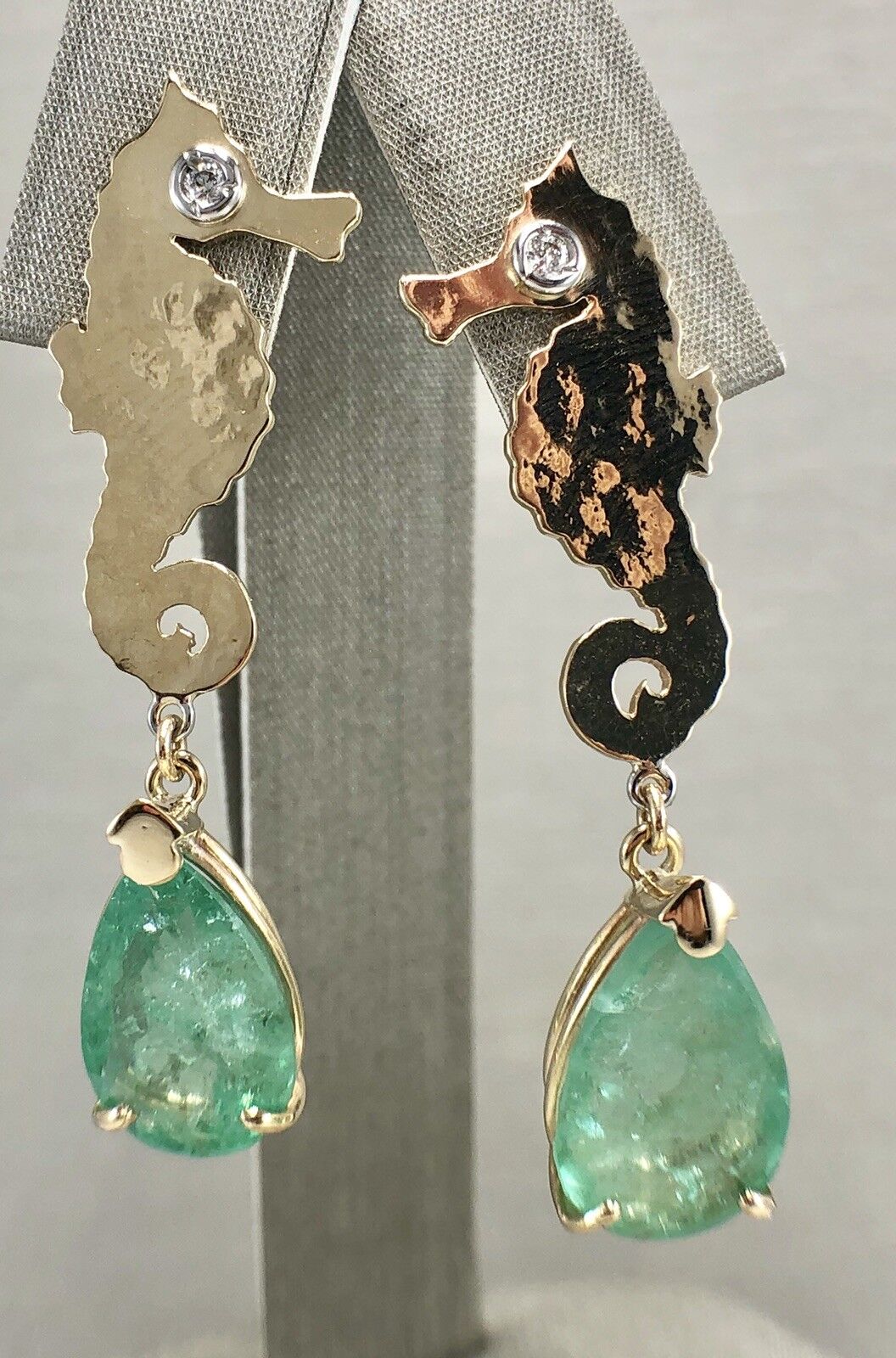 Colombian Emerald & Diamond 14K Yellow Gold Seahorse Dangle Earrings, New