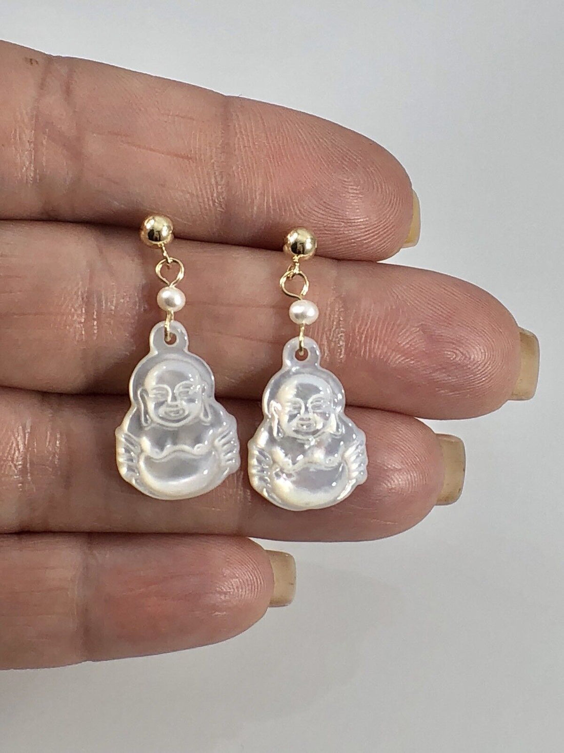 14kt Yellow Gold Mother of Pearl Buddha & Genuine Pearl Earrings, New