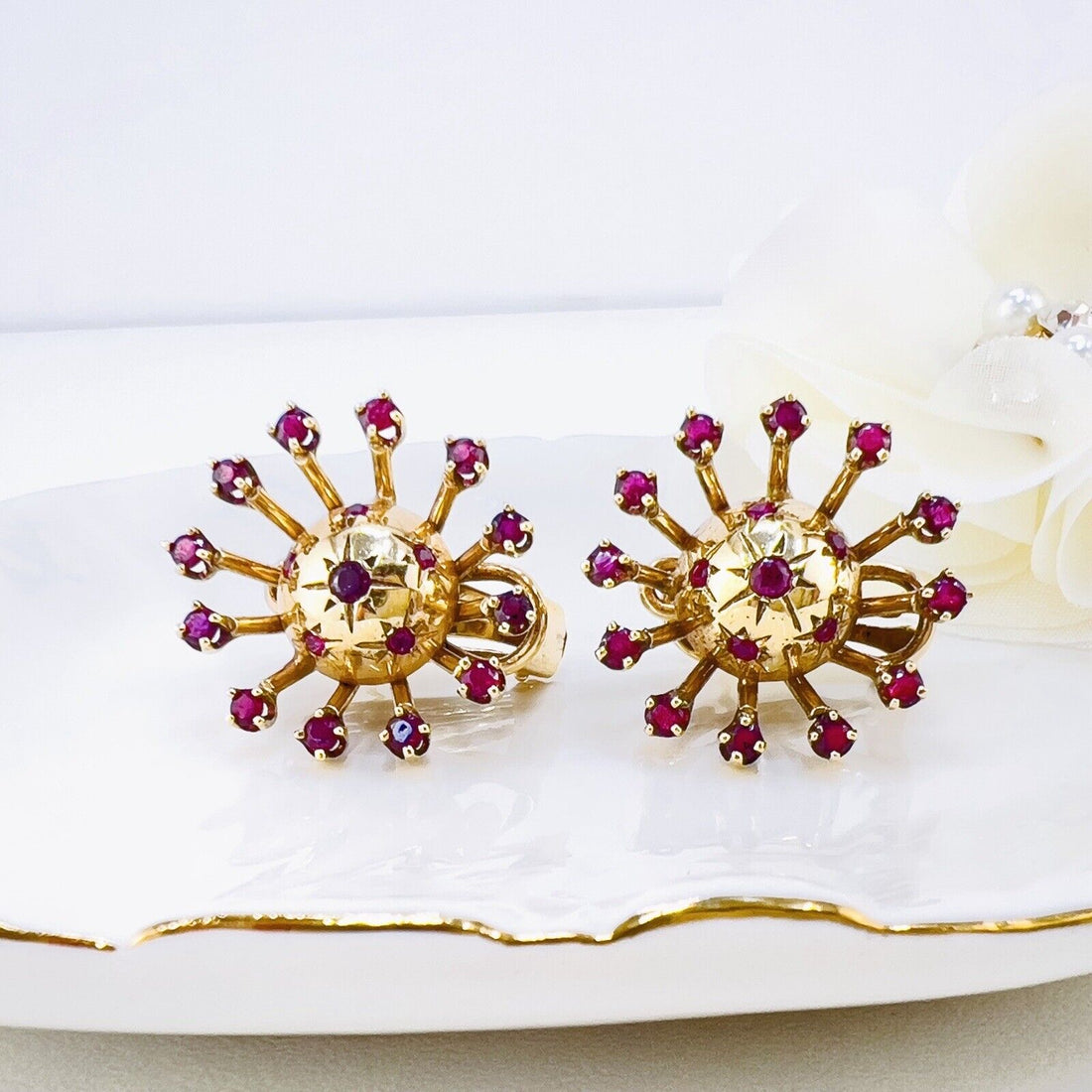 Vintage 14k Yellow Gold & Ruby "Starburst" Post & Clip Handcrafted Earrings