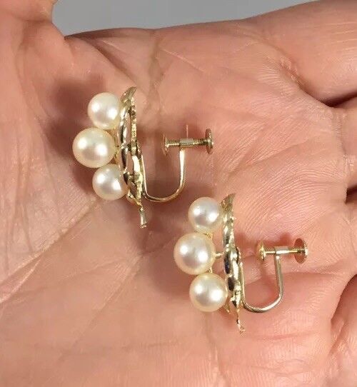 Classic Akoya Pearl Leaf Design Solid 14k Gold, Screw Back Earrings, Unpierced