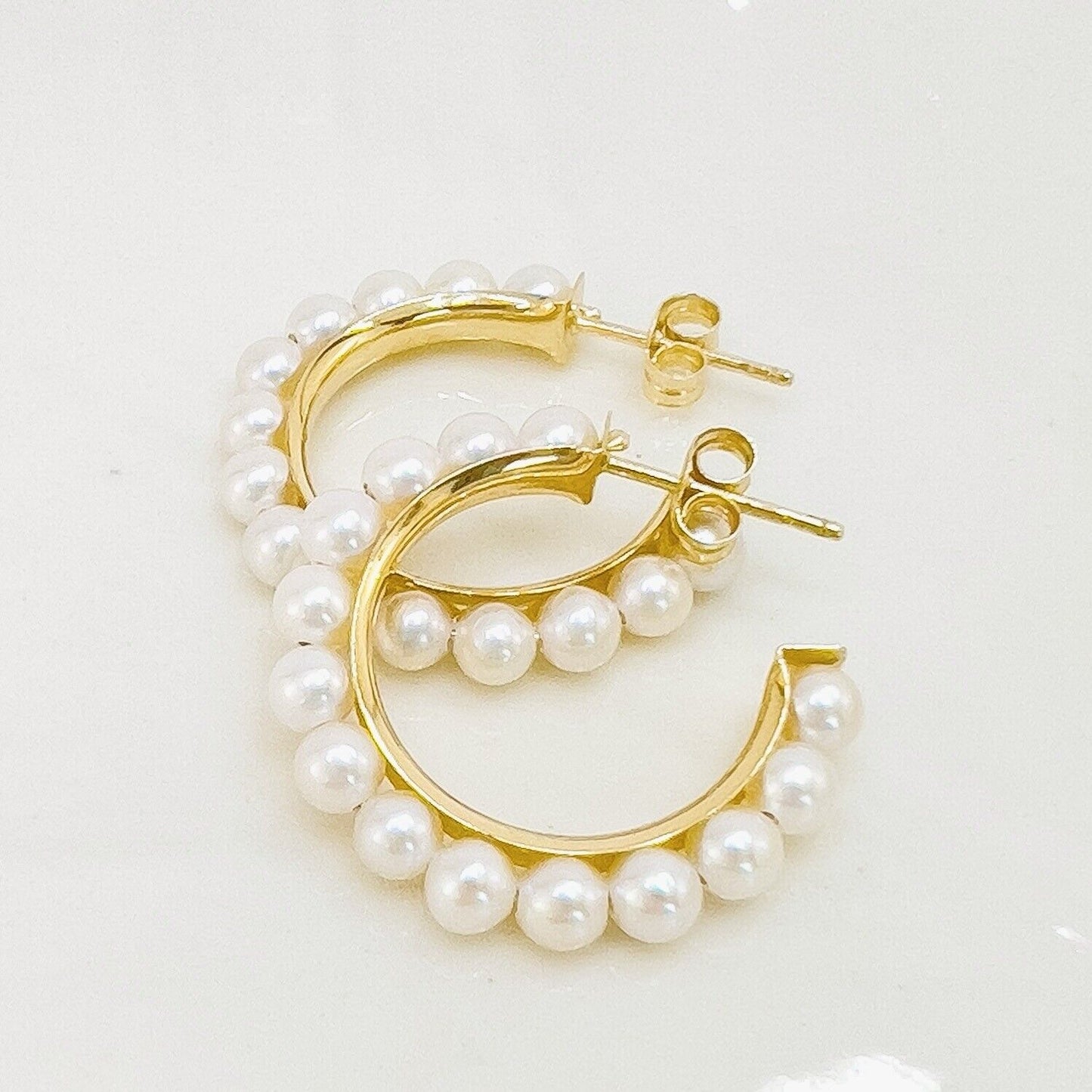 14k Yellow Gold Genuine Pearl Hoop Earrings, New, Small