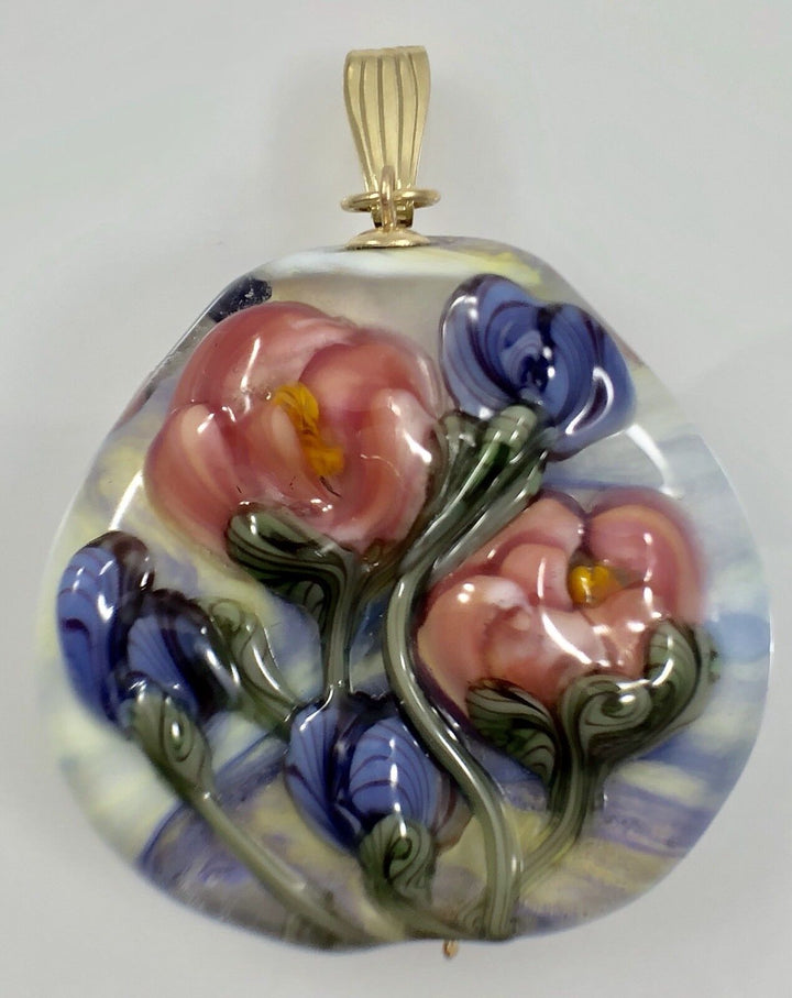 Unique Hand-Blown Glass Flower & 14k Yellow Gold Pendant, New